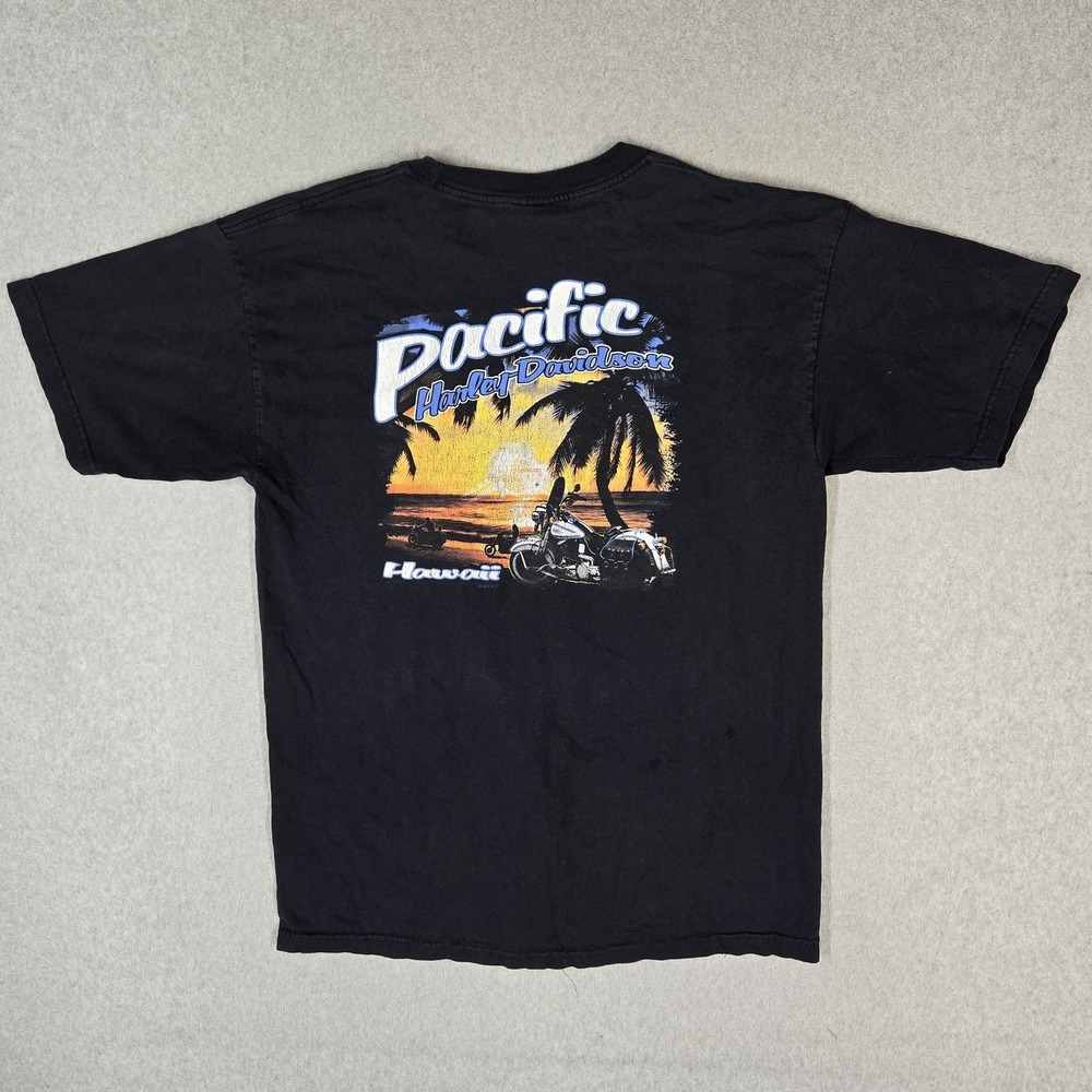 VINTAGE Harley-Davidson Men Shirt XL Black Pacific Hawaii Beach Sunset Graphic